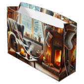 Een gezellige winterscène bij de warme open haard groot cadeauzakje (Achterkant Gekanteld)