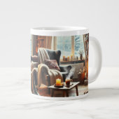 Een gezellige winterscène bij de warme open haard grote koffiekop (Voorkant rechts)