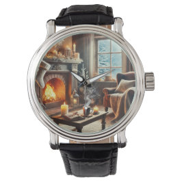 Een gezellige winterscène bij de warme open haard horloge