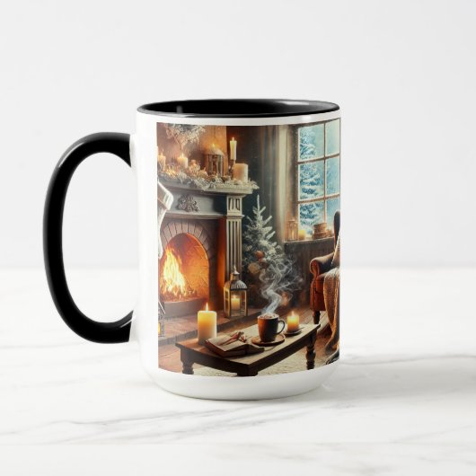 Een gezellige winterscène bij de warme open haard mok (Links)