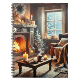 Een gezellige winterscène bij de warme open haard notitieboek