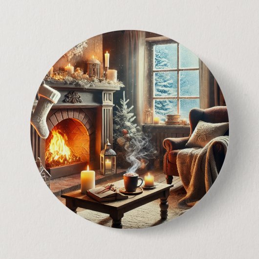 Een gezellige winterscène bij de warme open haard ronde button 7,6 cm (Voorkant)