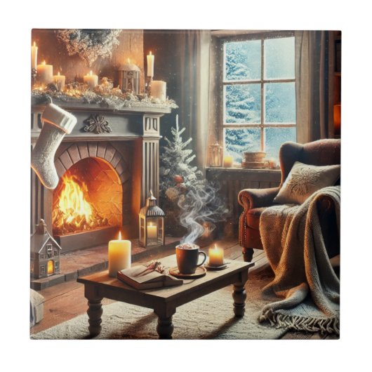 Een gezellige winterscène bij de warme open haard tegeltje (Voorkant)