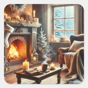 Een gezellige winterscène bij de warme open haard vierkante sticker