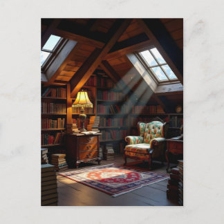 Een gezellige zolderkamer vol boeken in warme gloe briefkaart