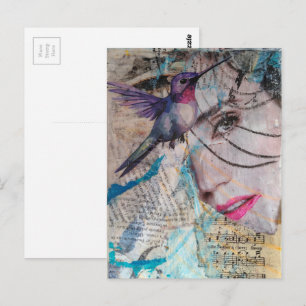 Een gezicht en kolibrie Abstracte Mixed Media Coll Briefkaart