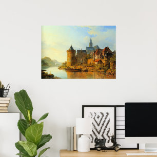 Een gezicht op een stad langs de Rijn Poster