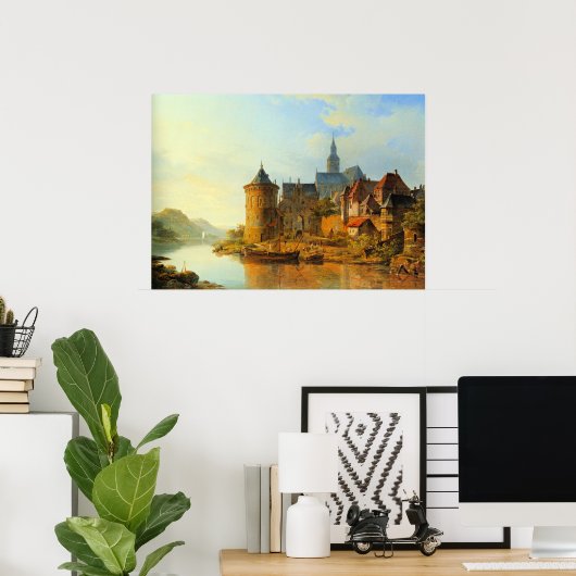 Een gezicht op een stad langs de Rijn Poster (Thuiskantoor)