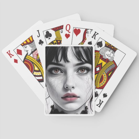 Een gezichtsopname van porselein met gebarsten zie pokerkaarten (Achterkant)