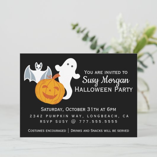Een Ghost, een Bat en een vriendelijke pompoenpart Kaart (Staand voorkant)