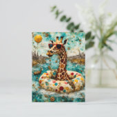 Een Giraffe op vakantie in een drijvende donut Briefkaart (Staand voorkant)
