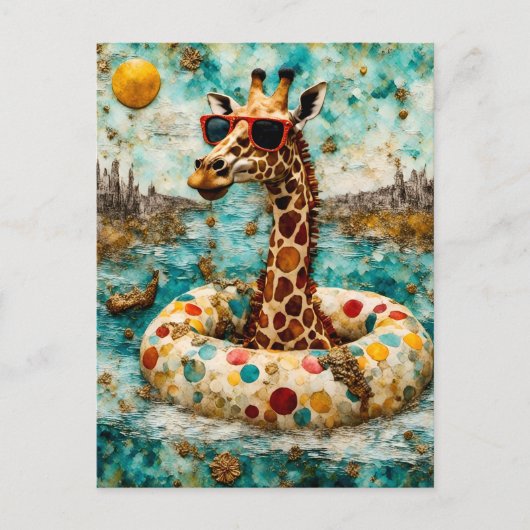 Een Giraffe op vakantie in een drijvende donut Briefkaart (Voorkant)