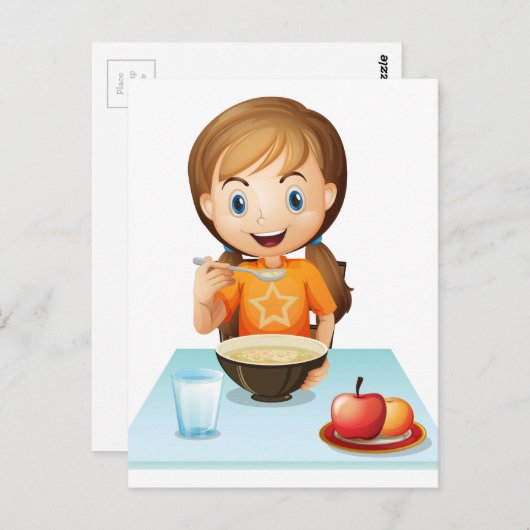 Een glimlachend meisje dat haar ontbijt eet briefkaart (Voorkant / Achterkant)