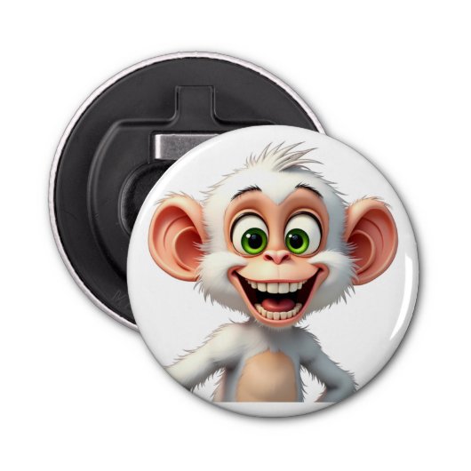 Een glimlachende witte Afrikaanse aap Button Flesopener (Voorkant)