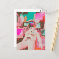 Een glitch-astronaut in voornamelijk roze en blauw