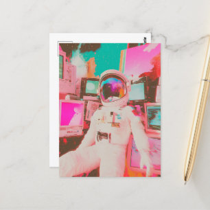 Een glitch-astronaut in voornamelijk roze en blauw briefkaart