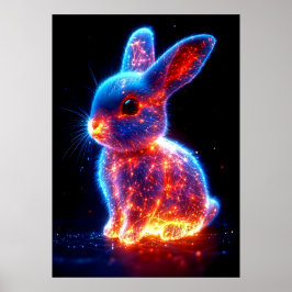 Een gloeiend konijn is afgebeeld met levendig blau poster