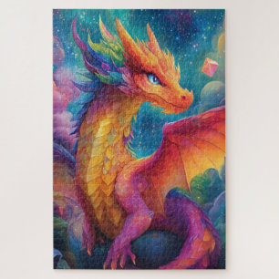 Een gloeiende neonkleurige draak legpuzzel