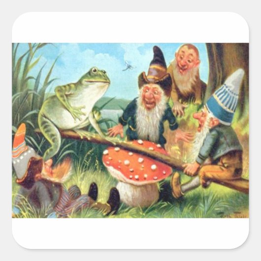 Een gnoom en kikker op een paddenstoel Seesaw Vierkante Sticker (Voorkant)