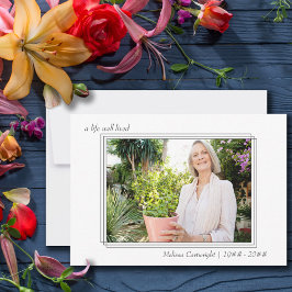 Een goed leven met drievoudig geborduurde fotobegr bedankkaart