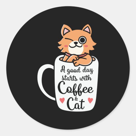 Een goede dag begint met koffie en kat ronde sticker (Voorkant)