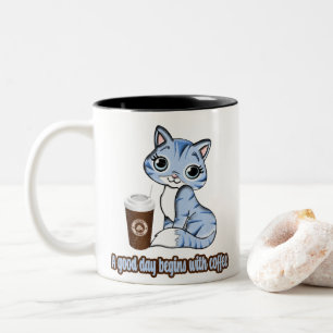 Een goede dag begint met koffie   Katten en koffie Tweekleurige Koffiemok