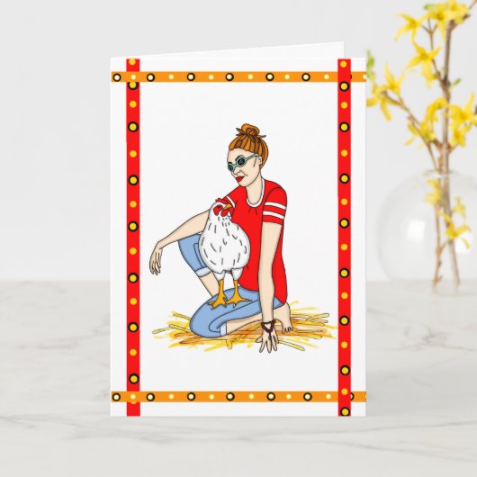 Een goede dag wensen | Hand Drawn Chicken Kaart (Gele Bloem)