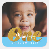 EÉN | Gold Shimmer | Foto van eerste verjaardag Vierkante Sticker (Voorkant)