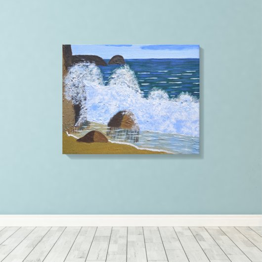 Een golf die op het strand breekt canvas afdruk (Insitu (Houten vloer))