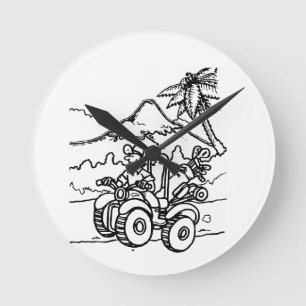 Een golfer die golf speelt met zijn vier wieler ronde klok