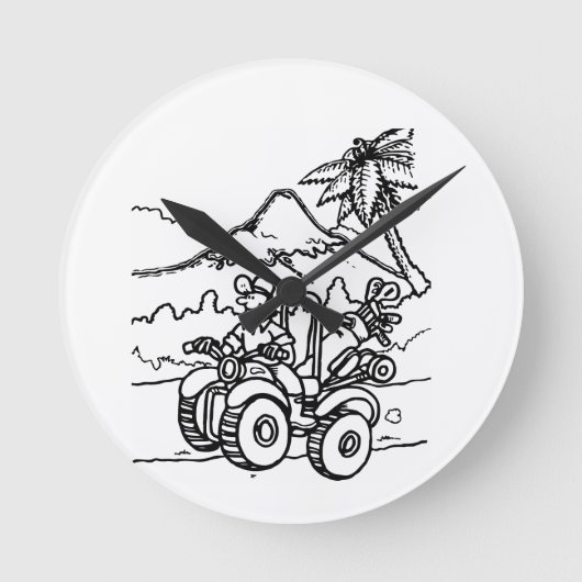 Een golfer die golf speelt met zijn vier wieler ronde klok (Voorkant)