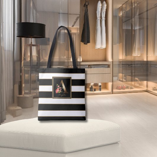 Een gouden bloemmonogram | Zwarte witte gouden str Tote Bag
