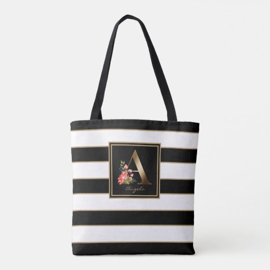 Een gouden bloemmonogram | Zwarte witte gouden str Tote Bag (Achterkant)