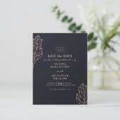 Een gouden botanische bruiloft. Blauw De datum ops Briefkaart (Staand voorkant)