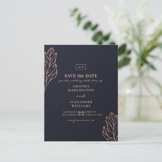 Een gouden botanische bruiloft. Blauw De datum ops Briefkaart (Staand voorkant)