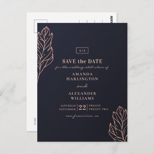 Een gouden botanische bruiloft. Blauw De datum ops Briefkaart (Voorkant / Achterkant)