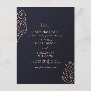 Een gouden botanische bruiloft. Blauw De datum ops Briefkaart