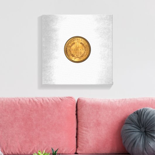 Een gouden dollar 1853 met een zilverachtergrond canvas afdruk (Insitu (Woonkamer))