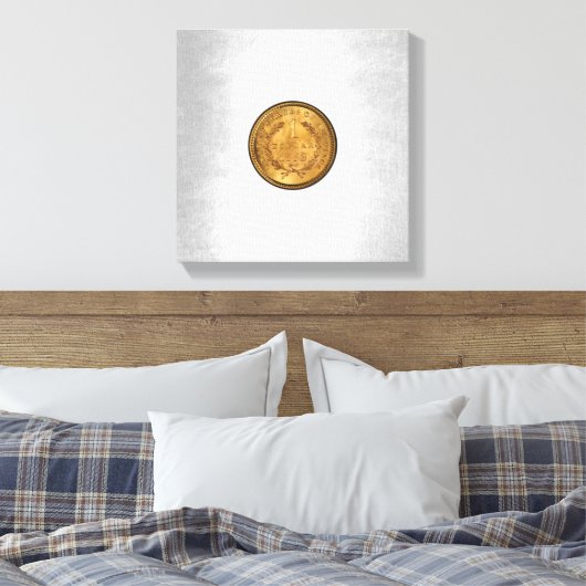 Een gouden dollar 1853 met een zilverachtergrond canvas afdruk (Insitu (Slaapkamer))