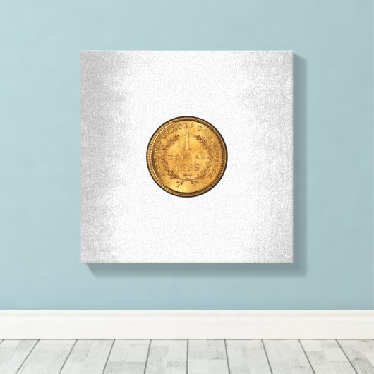 Een gouden dollar 1853 met een zilverachtergrond canvas afdruk (Insitu (Houten vloer))