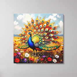 Een gouden en blauwe pauw canvas afdruk