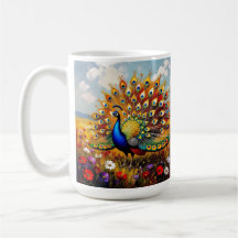 Een gouden en blauwe pauw in bloemen 
