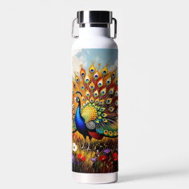 Een gouden en blauwe pauw in bloemen waterfles