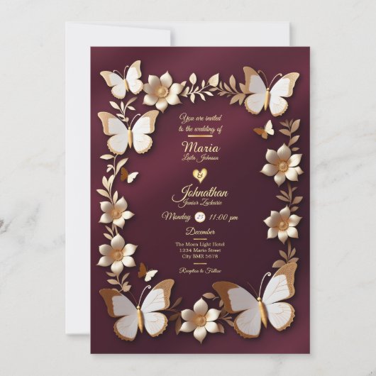Een gouden en bordeaux bruiloft uitnodigingskaart kaart (Voorkant)