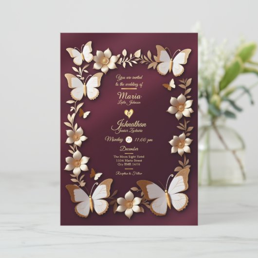 Een gouden en bordeaux bruiloft uitnodigingskaart kaart (Staand voorkant)