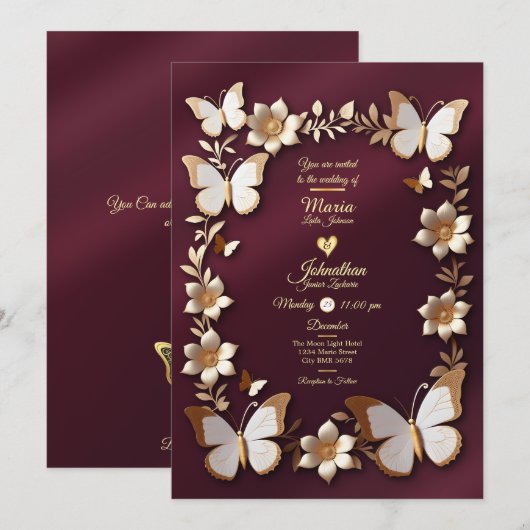 Een gouden en bordeaux bruiloft uitnodigingskaart kaart (Voorkant / Achterkant)