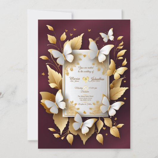 Een gouden en Bourgondische bruiloft uitnodigingsk Kaart (Voorkant)