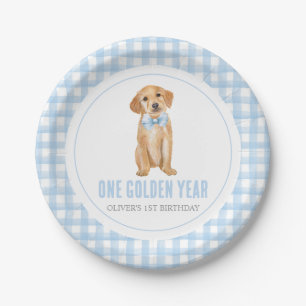 Een gouden jaar Puppy preppy plaid 1e verjaardag Papieren Bordje