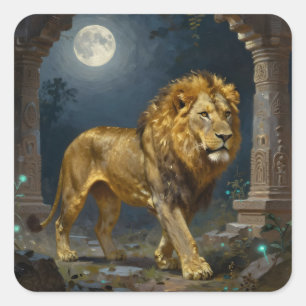 Een Gouden Leeuw Wandelend onder het Maanlicht Vierkante Sticker