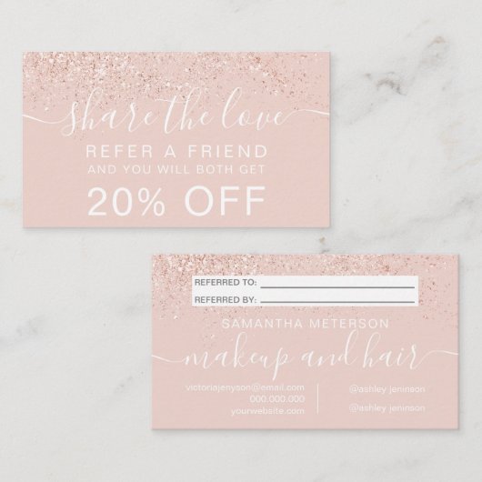 Een gouden roos glitter blush deelt de liefde aanbevelingskaartje (Voorkant / Achterkant)